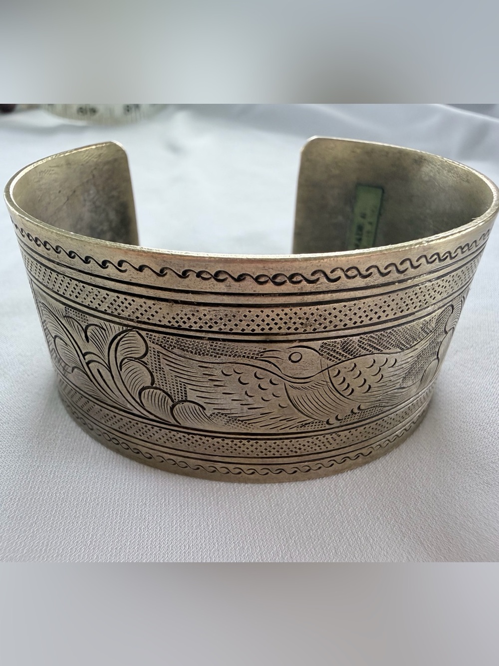 Engraved Bird Motif Cuff Bracelet